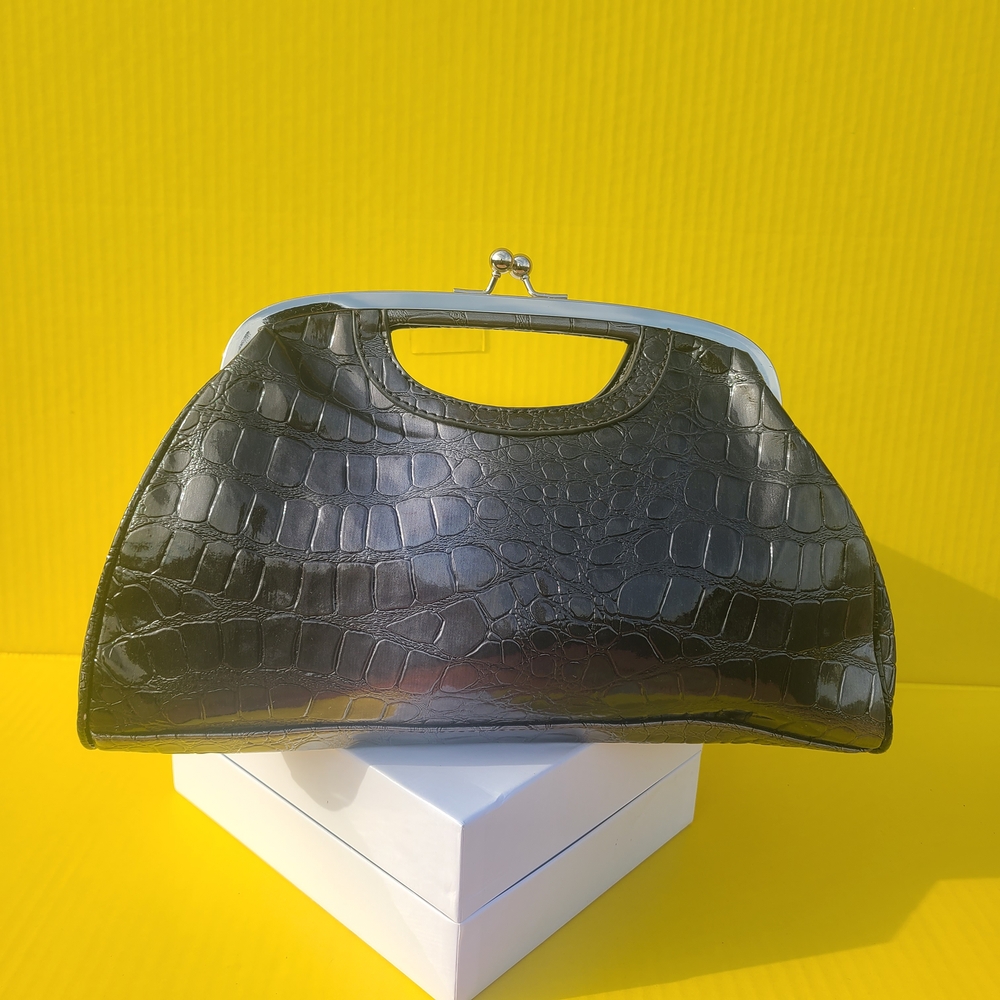 Gunmetal Croc Print Clutch